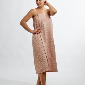 Ilga vaflinė rožinės spalvos moteriška pirties prijuostė