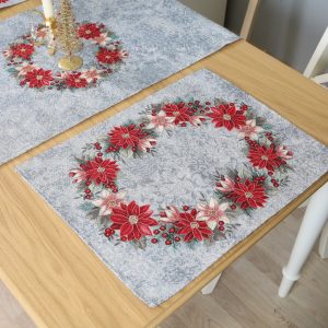 Kalėdinė stalo servetėlė Melsvas Puansetijų Vainikas (blizgi)