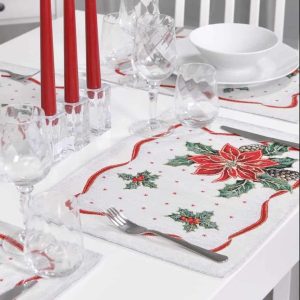 Kalėdinė stalo servetėlė Puansetija ir kankorėžiai