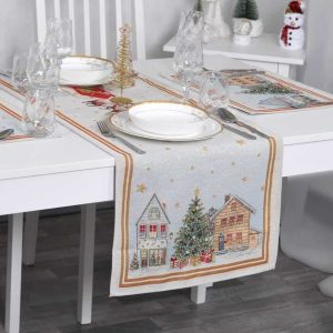 Kalėdinis stalo takelis Kalėdų miestelis (blizgus)