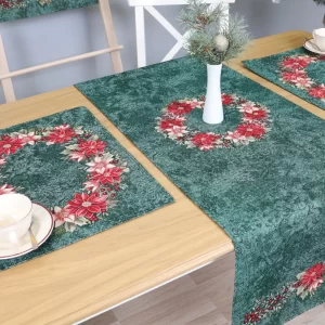 Žalia Kalėdinė stalo servetėlė Puansetijų Vainikas