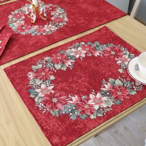 Raudona Kalėdinė stalo servetėlė Puansetijų Vainikas (blizgi)