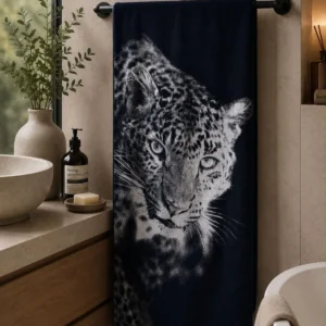 Tamsiai mėlynas medvilninis rankšluostis su ryškiu Leopardo atvaizdu