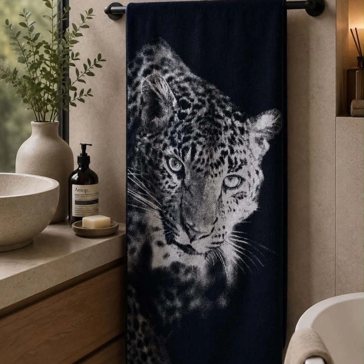 Tamsiai mėlynas medvilninis rankšluostis su ryškiu Leopardo atvaizdu