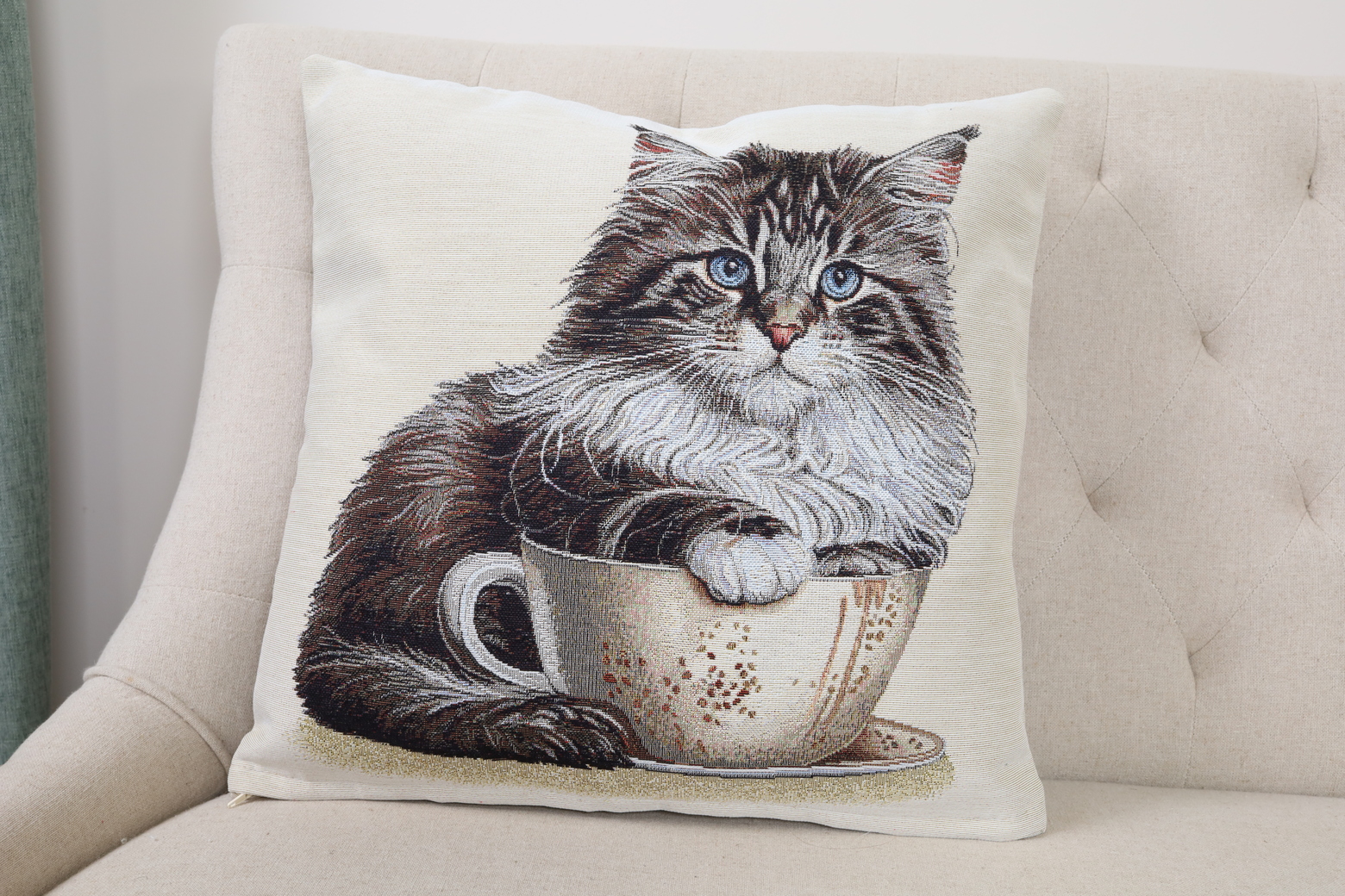 Dvipusis pagalvės užvalkalas Katinas puodelyje