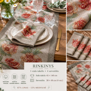 Lininio stalo takelio ir 4 servetėlių rinkinys Tulpės