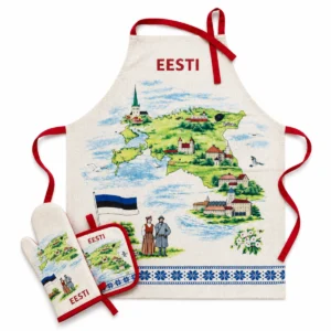 Šviesi prijuostė su Estijos kraštovaizdžiu ir užrašu Estija