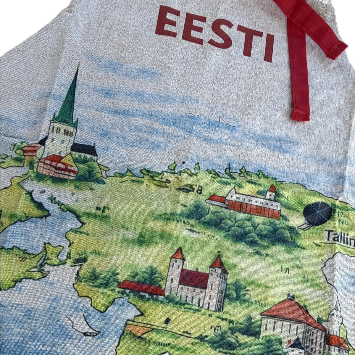 Šviesi prijuostė su Estijos kraštovaizdžiu ir užrašu Estija