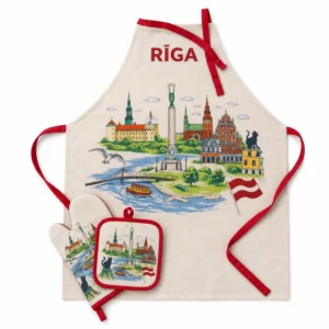 Šviesi virtuvinė pirštinė su raudonais akcentais, Rygos vaizdais ir užrašu „Ryga“