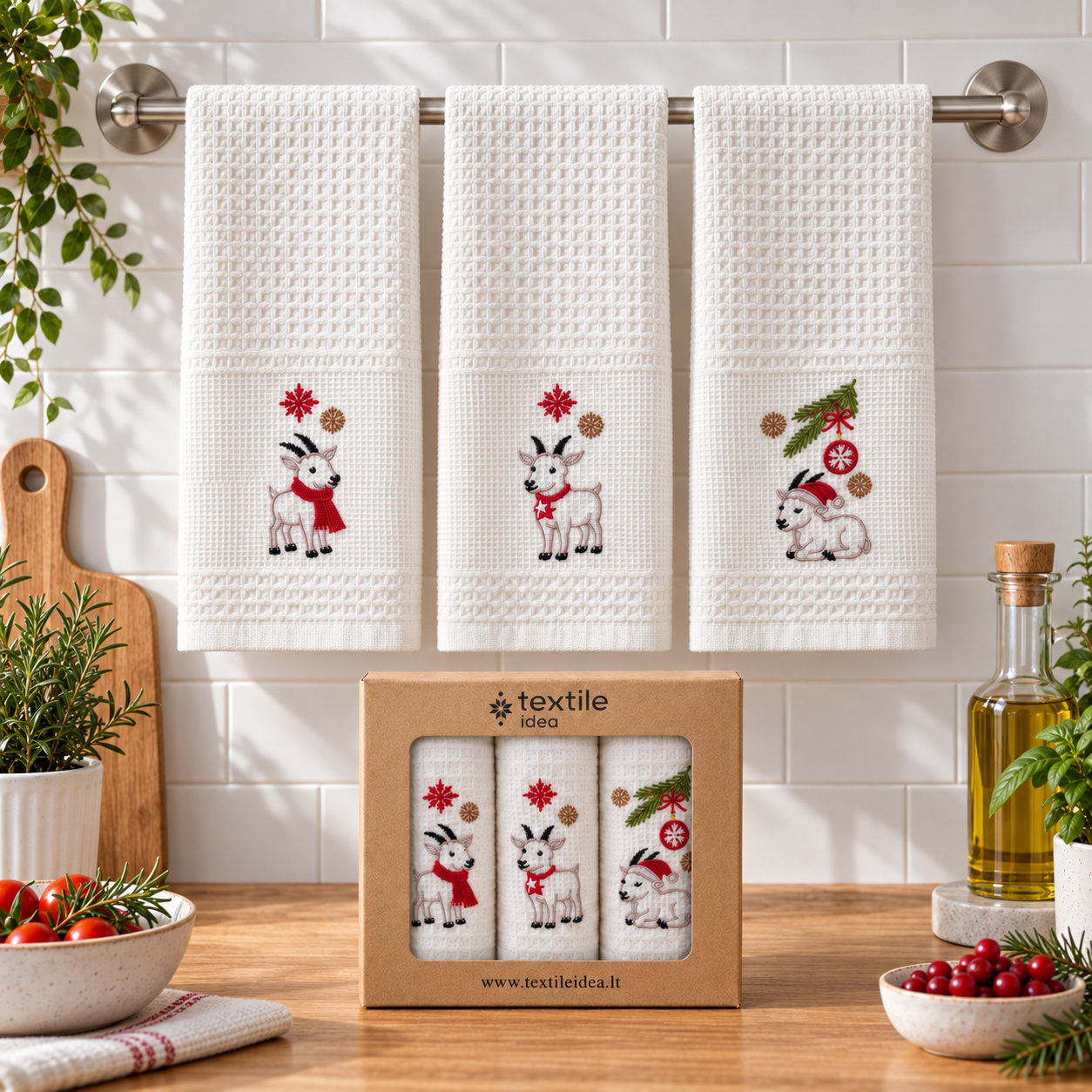 Trys balti vafliniai virtuviniai rankšluosčiai su kalėdiniais ožiukų siuvinėjimais ir Textile Idea dovanų dėžute