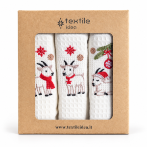 Trys balti vafliniai virtuviniai rankšluosčiai su kalėdiniais ožiukų siuvinėjimais ir Textile Idea dovanų dėžute. Kalėdų ožiukai – 3 virtuvinių rankšluosčių rinkinys