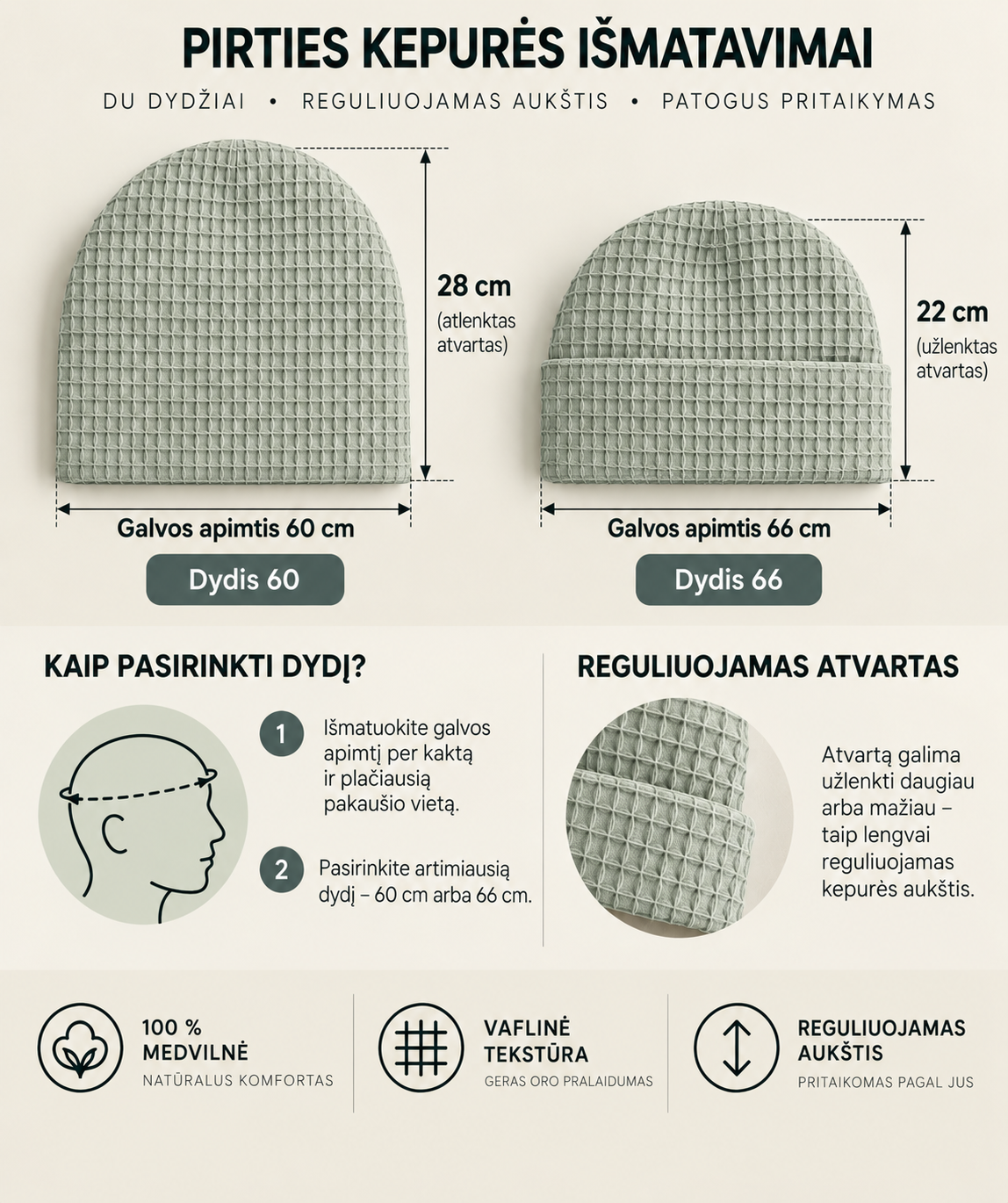 Medvilninė vaflinė pirties kepurė su reguliuojamu atvartu - Image 3