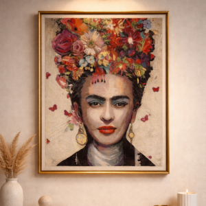 Gobeleninis paveikslas „Frida“ su spalvingu moters portretu ir gėlių motyvais interjere