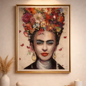 Gobeleninis paveikslas „Frida“ su spalvingu moters portretu ir gėlių motyvais interjere