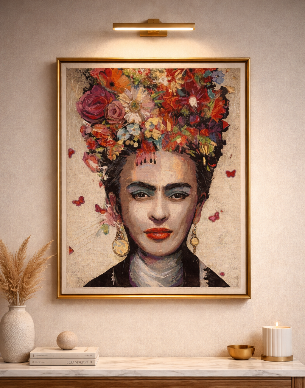 Gobeleninis paveikslas „Frida“ su spalvingu moters portretu ir gėlių motyvais interjere