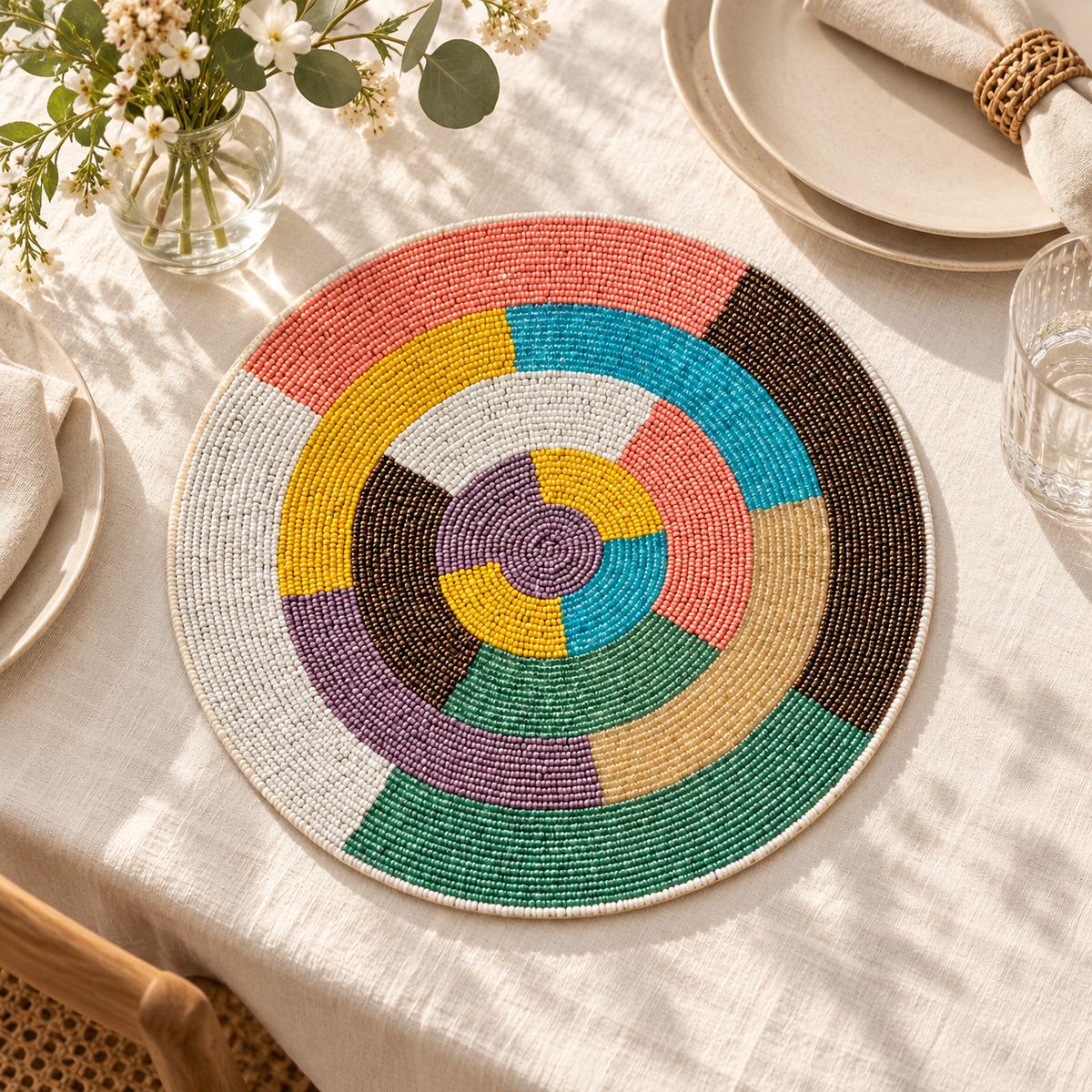„Spalvų kaleidoskopas“ – rankų darbo karoliukų padėkliukas, Ø 33 cm