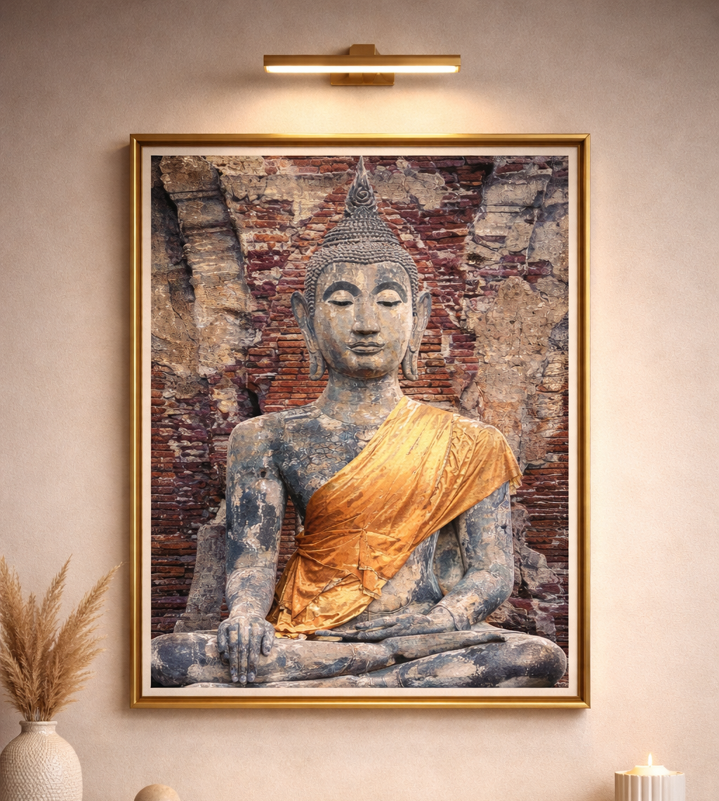 Gobeleninis paveikslas „Buda“ – meditacinėje pozoje vaizduojama Budos figūra šiltų žemės ir aukso atspalvių fone
